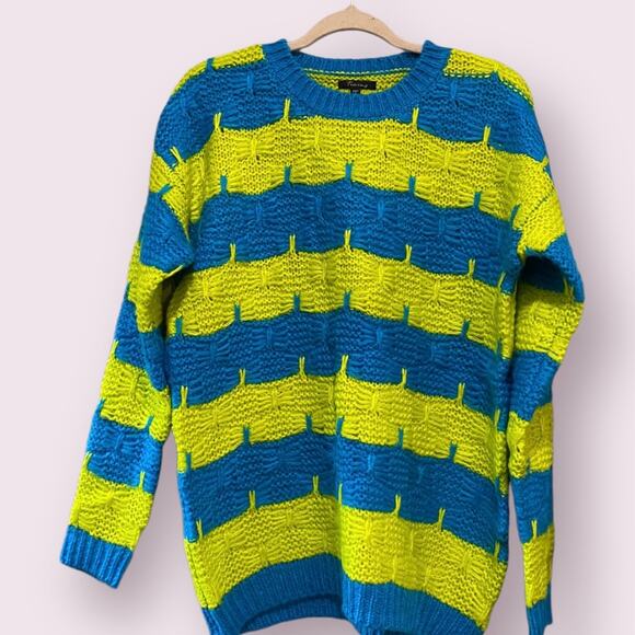 Timing Neon Yellow & Blue Long Sleeve Knit Sweater Size Medium - Picture 2 of 9